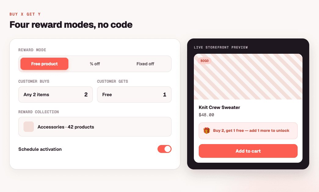 Four reward modes, no code