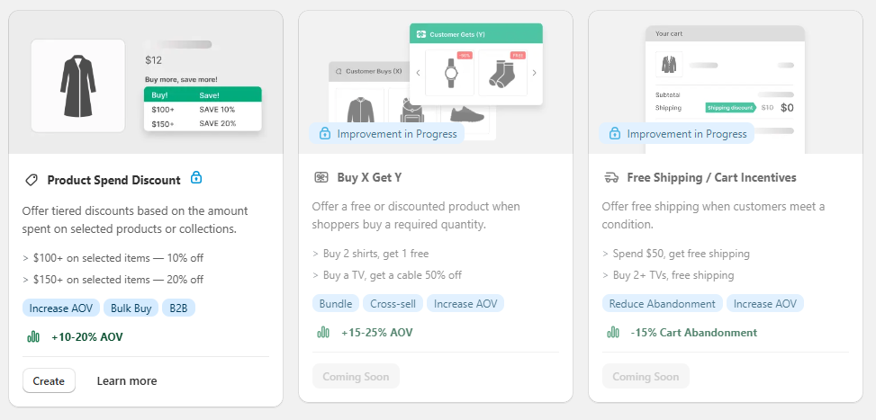 Additional discount campaign types: Product Spend Discount, Buy X Get Y, Free Shipping and Cart Incentives
